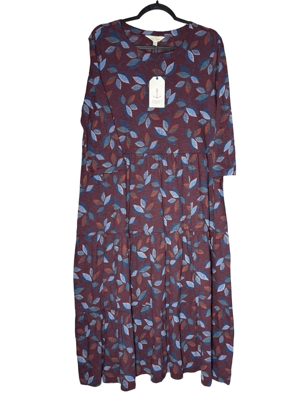 Seasalt Cornwall Midi Dress Sz 12 Tiered Layered Leaf Print Organic Cotton NWT